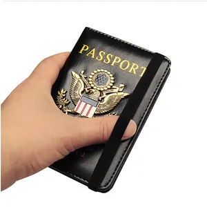 2021 moda 3D pasaport kapağı alaşım etiketi RFID engelleme pasaport tutucu elastik bant seyahat PU deri pasaport tutucu