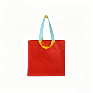 Red Eco-Friendly Non-Woven Tote <b>Bag</b> with Blue Handles and Yellow Trim Custom Printing <b>Medium</b> Size for Groceries - Product Image 1