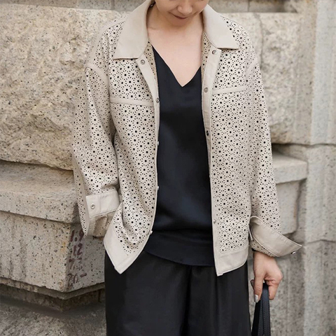 5214 Autumn New Genuine Leather Clothing Retro Heavy Industry Punching Process Hollow Sheepskin Shirt