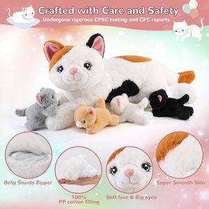 Peluche Personalizzabile Super Morbido Mamma Gatto con 4 Gattini, Giocattolo Madre-Figlio Imbottito in Cotone PP - Product Image 4