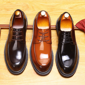 Chaussures en cuir formelles pour hommes, cuir véritable, style britannique, surface brillante, adaptées aux tenues décontractées professionnelles, semelle épaisse - Product Image 4