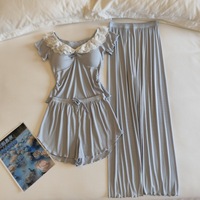 Ensemble de pyjama pour femmes en viscose tricotée décontractée et douce, avec manches courtes, soutien-gorge intégré, tissu respirant et pantalon long