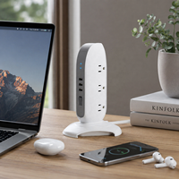 ETL Sertifikalı 15A Ev Ofis Masaüstü Dikey Güç Kulesi Priz Çoklayıcı, 5 Priz ve 3 USB Girişi, 900 Joule Akım Korumalı