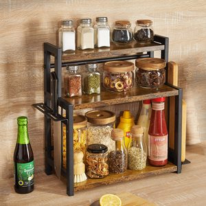 Wooden Spice Rack Iron Wood Combination <b>Desktop</b> <b>Shelf</b> Multi Layer Organizer With Wooden Lid Size L - Product Image 1