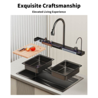 Ensemble d'évier de cuisine double cuve YEETE multifonction en acier inoxydable 304 noir moderne avec robinet, effet cascade et pluie