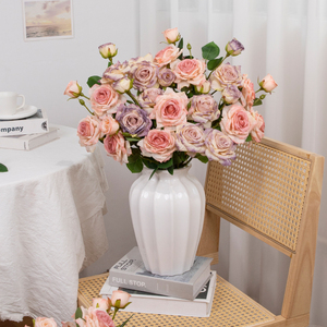 Roses artificielles en soie faites à <span class=keywords><strong>la</strong></span> main, 3 têtes, effet brûlé, couleur rose poussiéreuse, pour Pâques, Noël, mariage, fête - Product Image 2