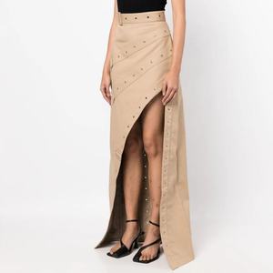 Falda Larga Casual de Algodón de Alta Calidad para Mujer, con Decoración Asimétrica Perforada y Dobladillo con Abertura, Cintura Natural - Product Image 2