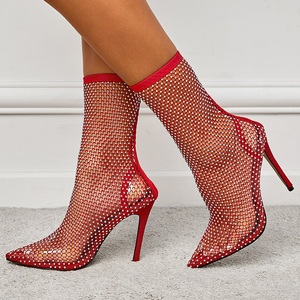 Bottes à talons hauts sexy noires pour femmes 2022, à talon fin et bout pointu, avec maille ajourée style chaussette filet de pêche, style combat automne-été - Product Image 2