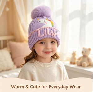 Custom Name Embroidery Children Wool Beanie Velvet Lined Thick Warm Dome Knitted <b>Winter</b> <b>Hat</b> Cute Baby <b>Girls</b> Knit - Product Image 5