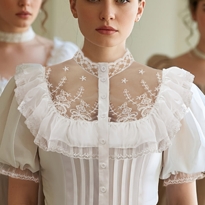 Chemisier blanc en dentelle et maille transparente pour femme - Broderie florale vintage française, col montant, manches bouffantes à volants, taille plissée - Product Image 1