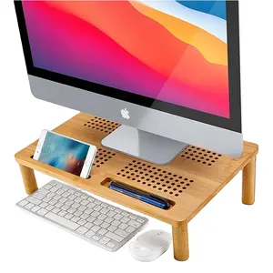 Custom Bamboo Monitor Stand Adjustable Laptop Tray Storage Holders Desk Organizer Office Computer Elevation Rack For Wholesale