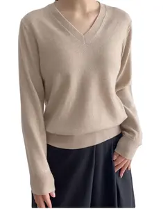 custom merino wool autumn lady plain knitwear Vneck jumper clothing