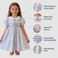 Vestido Infantil al por Mayor con Estampado de Mariposas, Vestido Fruncido con Cuello Peter Pan, Ropa de Verano para Niñas, Ropa de Diseñador para Niños