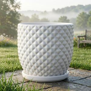 Pot de fleurs en céramique blanche vernissée avec plateau, plantes, patio, jardin, jardinières en céramique - Product Image 1