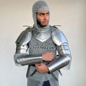 Armadura de Caballero de Acero Plateado, Pechera Completa con Protectores de Brazos, Capucha de Malla, Estilo Medieval Gótico, Disfraz de Cosplay - Product Image 4