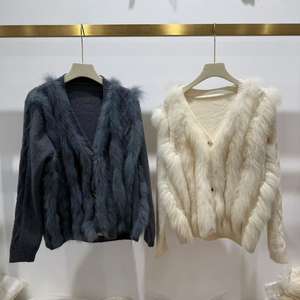 Cardigan doux <span class=keywords><strong>bleu</strong></span> <span class=keywords><strong>pull</strong></span> manteau d'hiver vêtements d'extérieur <span class=keywords><strong>pull</strong></span> tricoté décontracté avec garniture en fourrure de renard véritable - Product Image 2