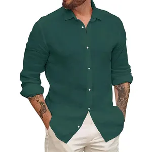 深绿色100% 棉衬衫男士正式男式衬衫长袖纽扣羽绒服衬衫