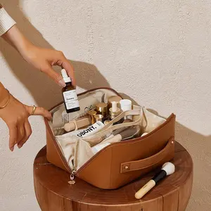 Grosir tas kosmetik perlengkapan mandi portabel Organizer Makeup perjalanan kulit PU kapasitas besar tahan air