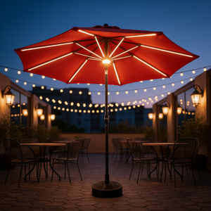 Sombrilla de Patio Redonda de 2.7m con Poste Central, Iluminación Solar LED y Varillas LED, con Manivela, <span class=keywords><strong>para</strong></span> <span class=keywords><strong>Terraza</strong></span>, Bistro o Comedor - Product Image 1