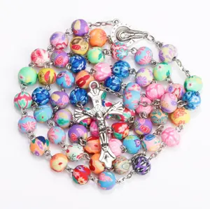 2022 Hot sell Rosary Soft Clay Bead Jesus Cross Christ Maria stock necklace for pray