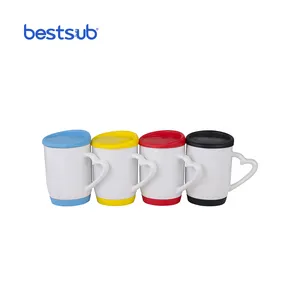 BestSub卸売カスタム12オンス磁器加熱昇華ブランクコーヒーセラミックマグ、シリコン蓋とベースレッド