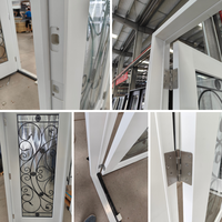 Porte d'entrée double en fibre de verre brossée blanche avec insert en fer forgé et vitrage, unité de porte extérieure avant