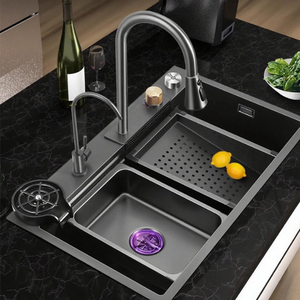 Robinet de cuisine moderne en acier inoxydable à poignée unique, mitigeur chaud/froid avec douchette extractible et cartouche céramique, à poser sur plan - Product Image 3