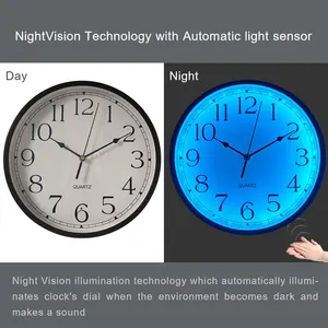 Night Light Wall Clock 12Inch Silent Round Battery Operated Clock For Living Room Sound Sensor And Adjustable