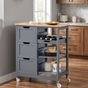 Rich Forever Rolling <b>Bar</b> Cart Solid Wood Panel Top 3 Drawers 3 Removable Shelves Modern -Serving <b>Utility</b> Cart Dining Kitchen - Product Image 3
