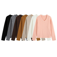 Pull court décontracté en maille torsadée unie à col en V pour femme, style niche, taille haute, amincissant et rajeunissant, idéal pour l'automne