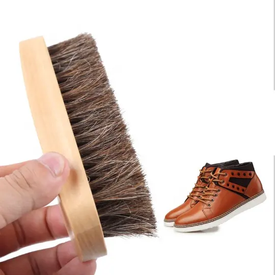 Factory Wholesale Custom Logo Premium Wooden Horse Hair Leather Shoe Shine Brush concave handle brush