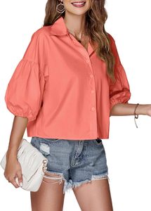 <span class=keywords><strong>Camicetta</strong></span> da donna Vintage estiva Crop Top in tessuto con colletto Button Down a maniche corte stile Casual camicia Crop - Product Image 4