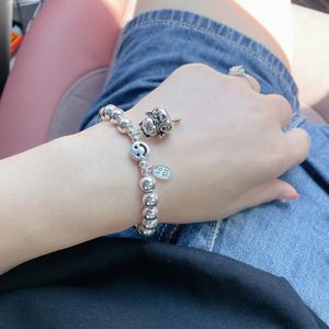 Lucky Cat <b>Silver</b> <b>Bead</b> Bracelet S925 Sterling <b>Silver</b> Cartoon Design Smiley Face Charm Women's Everyday Wear Jewelry - Product Image 1