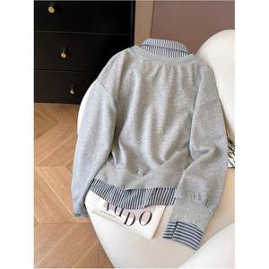 Sweat-shirt surdimensionné personnalisé pour femme, pull rayé à manches longues, col tricoté, vêtements respirants de style preppy - Product Image 4