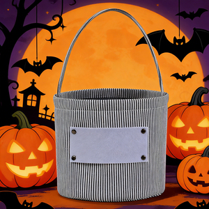 Secchiello di Halloween in tela a righe personalizzato all'ingrosso, riutilizzabile, per dolcetti o scherzi, cestino portatile per caramelle per bambini - Product Image 1