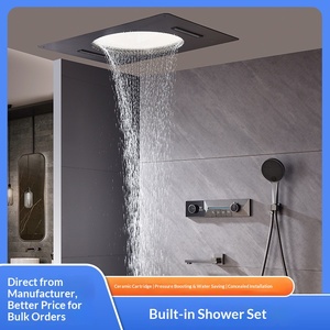 Light Luxury Brushed Copper Square LED Digital Display Wall-mounted Shower <b>Set</b> Waterfall <b>Spray</b> Smart Features Hotel FL-B021 All- - Product Image 3