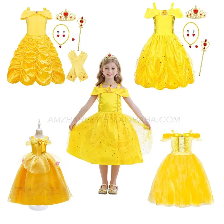 2-8years Kids Girls Dresses Belle Princess Costume clothes Baby Birthday Party Halloween Cosplay Clothes Outfits