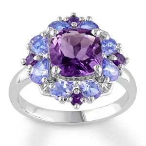 Fashion Jewelry 925 Sterling Silver White Gold Plated Cushion Cut Amethyst Tanzanite Flower Engagement Ring