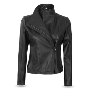Women's Genuine Leather Moto <b>Jacket</b> Full Sleeve Stand Collar Zipper Closure Autumn Solid Color Regular Length - Product Image 2
