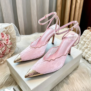 Elegantes Zapatos de Tacón de Aguja con Punta Metálica y Encaje Floral para <span class=keywords><strong>Mujer</strong></span>, con Correa en el Tobillo, Zapatos de Vestir Sexys para Invitadas de Boda, Color Dorado - Product Image 5