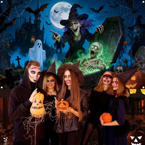 Striscione Happy Halloween, Sfondo per Foto con Zucca Notturna, Fantasma, Castello, Tombe, Decorazione 2D da Appendere per Feste, Giardino, Cortile, Casa, Club - Product Image 3