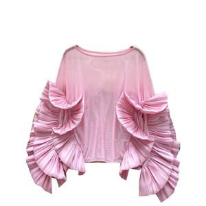 Camicette europee americane Socialite <span class=keywords><strong>camicia</strong></span> da donna estate arruffata sottile maglia larga O <span class=keywords><strong>collo</strong></span> alta moda Chic Top - Product Image 6