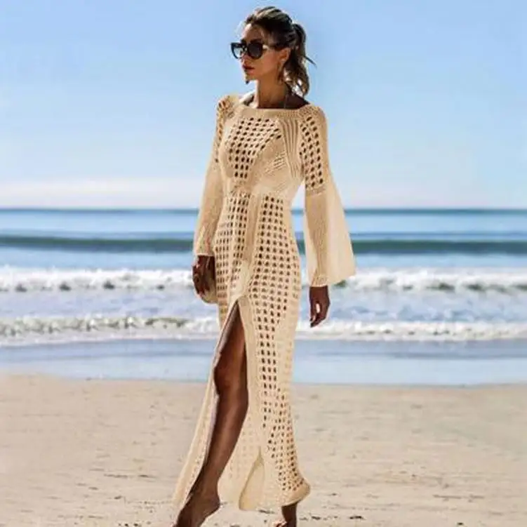 Hand Made Knitted Crochet Bohemia Beach Dress Tunic Long Pareos Bikinis Robe Cover ups