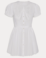 Robe d'été pour femme, mini, col rond, manches bouffantes en dentelle, coton, décontractée, style bohème, coupe trapèze, ourlet plissé à volants, œillets, boutons naturels