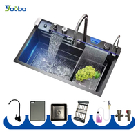 Évier de cuisine multifonctionnel en acier inoxydable noir à cuve unique avec robinet cascade, style cascade
