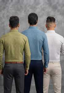 Chemises en twill de coton pour hommes avec un motif géométrique fin, en bleu olive et beige, manches longues, vêtements décontractés à la mode - Product Image 3