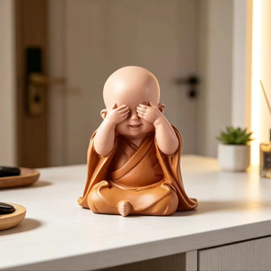 Linda estatua de resina de pequeño <span class=keywords><strong>monje</strong></span>, figurita de Buda bebé tímido y risueño para decoración zen de mesa o salpicadero de coche, regalos artesanales de resina. - Product Image 1