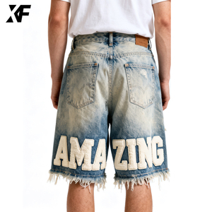 شورت جينز رجالي أزرق عالي الجودة من تصميم XUFEI الأصلي، مصنوع من قماش الشينيل المخصص، ممزق بأسلوب عتيق ومغسول بتأثير الغسيل المميز - Product Image 3