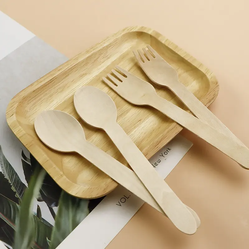 100% Portable High Quality Wooden Disposable Cutlery Spoons Forks Knives