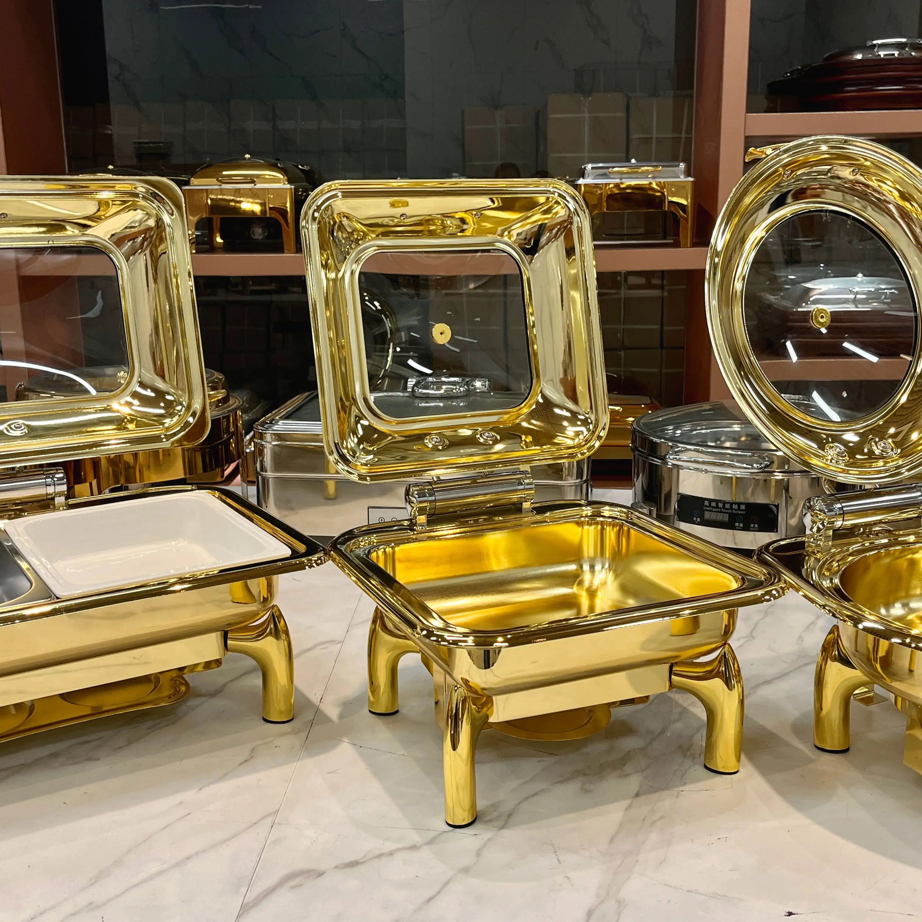 YITIAN rundes Gold-Edelstahl-Luxus-Buffet-Ofen Chafing-Dish Kuppel-Suppen-Lebensmittelwärmer-Set mit Glasabdeckung